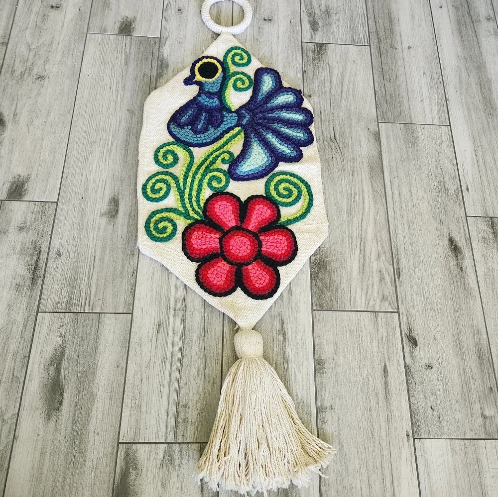 Rare Vintage Bohemiam Folkart Crewel Tapestry Canvas Embroidered Bird Hanging